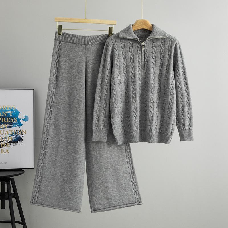 

New Autumn and Winter Fashion and Versatile Set for Women: Solid Color Semi-zipper Stand-up Collar Knitted Top and Wide-leg Pants One size сірий колір