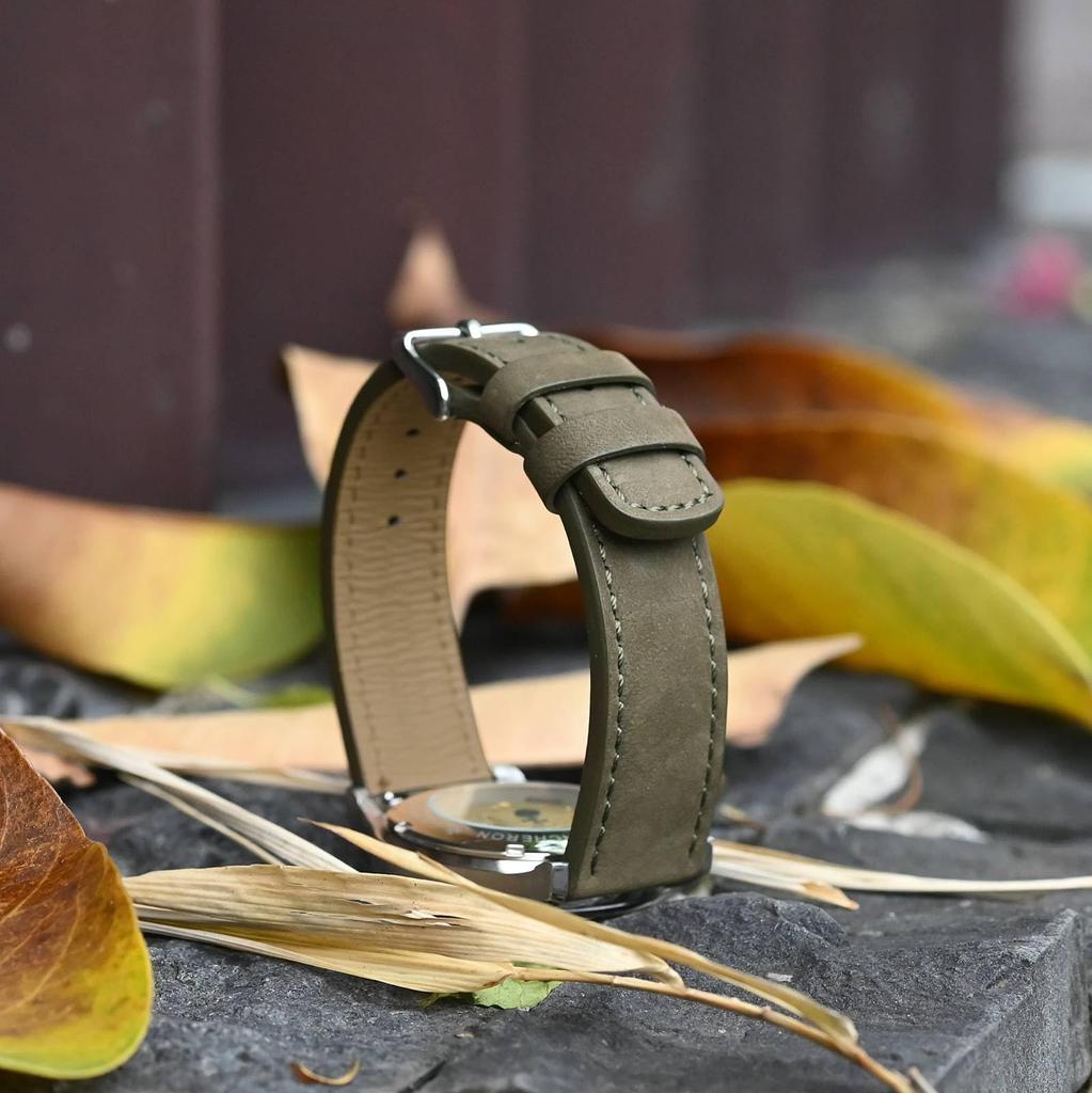 WOCCI Rychloupínací kožený řemínek k hodinkám Nubukový řemínek k hodinkám Armádní zelená se stříbrnou sponou, 22 mm, Řemínek,