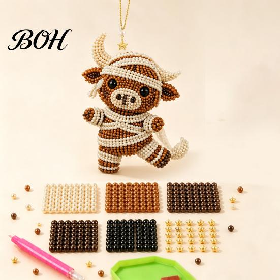 Stress Relief Craft DIY Highland Cow Beading Kit, Cute 3D Bead Pendant Handmade Ornaments with Colorful Beads And Instructions, Beadwork Kit