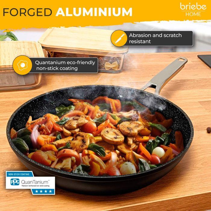 Set 3 Poêles à Frire Antiadhésives à Induction 18-20-24cm, Aluminium Forgé Briebe Black Titanium Noir