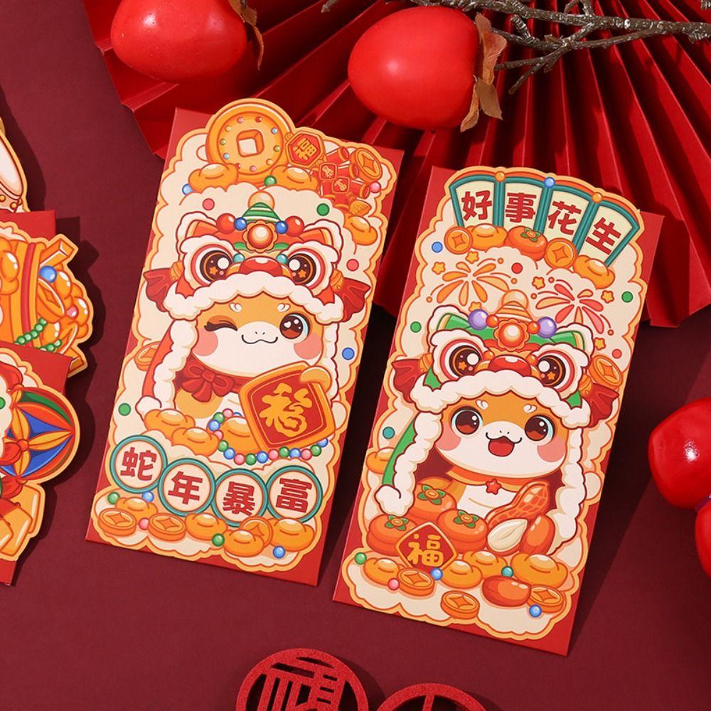 6pcs Traditional 2025 Snake Year Red Envelopes Cartoon Good Lucky Red Packets  Lunar New Year Gifts