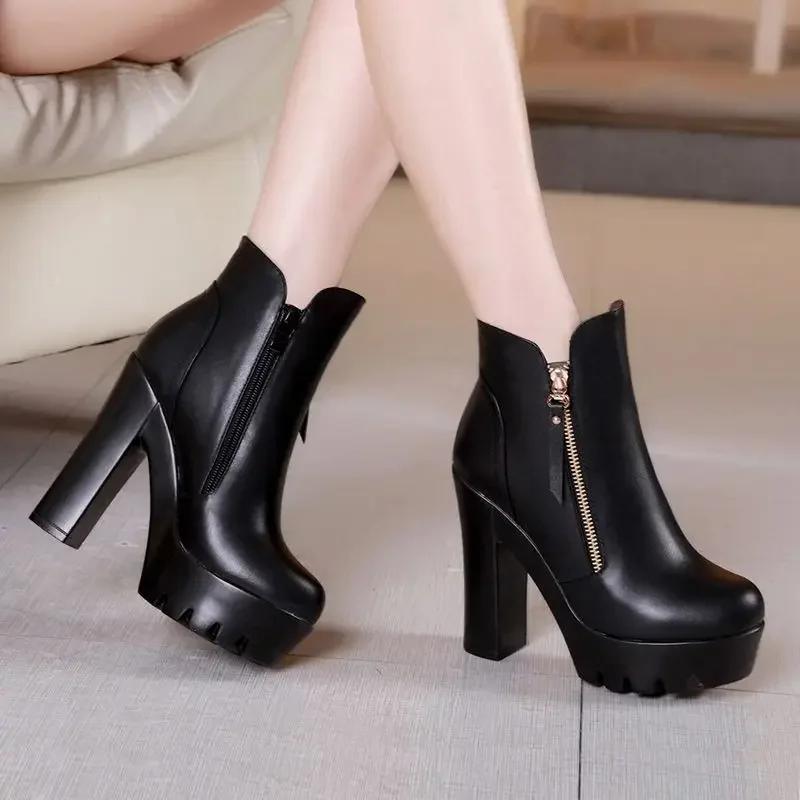 13cm Small Size 32-43 British Style Block High Heels Boots Platform Shoes 2025 Winter Thick Bottom Plush Ankle Boots Model Mom