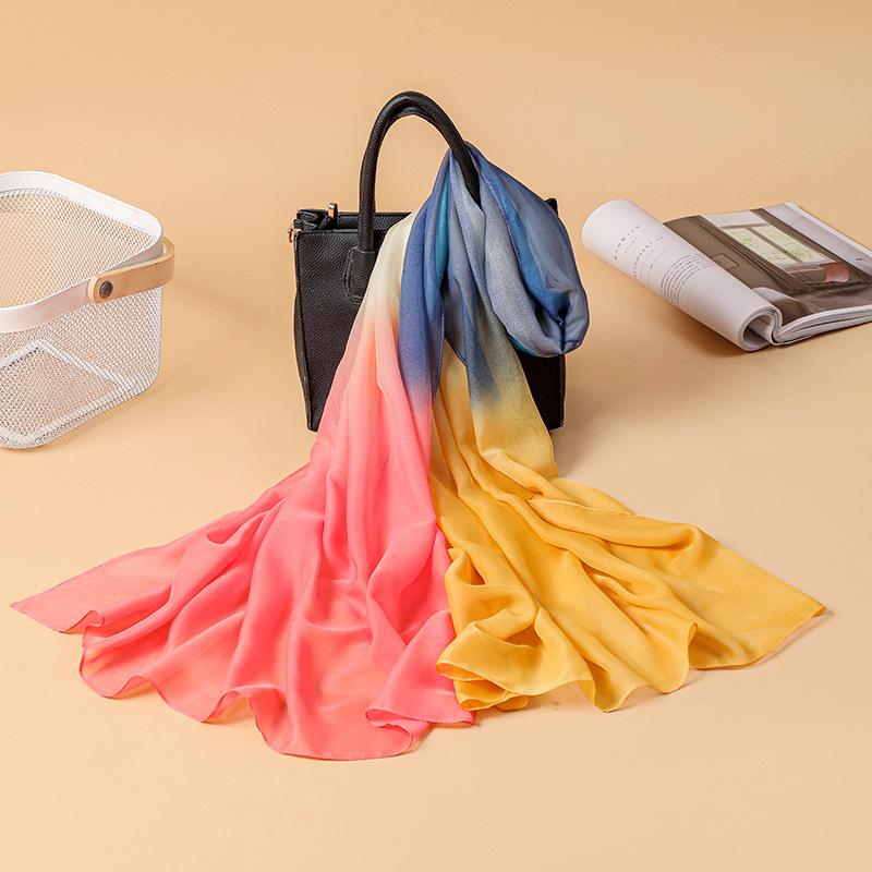 Larger Scarf for Women Spring New Multi-color Gradient Color Block Georgette Soft Hand Scarf Printed Thin Silk Scarf