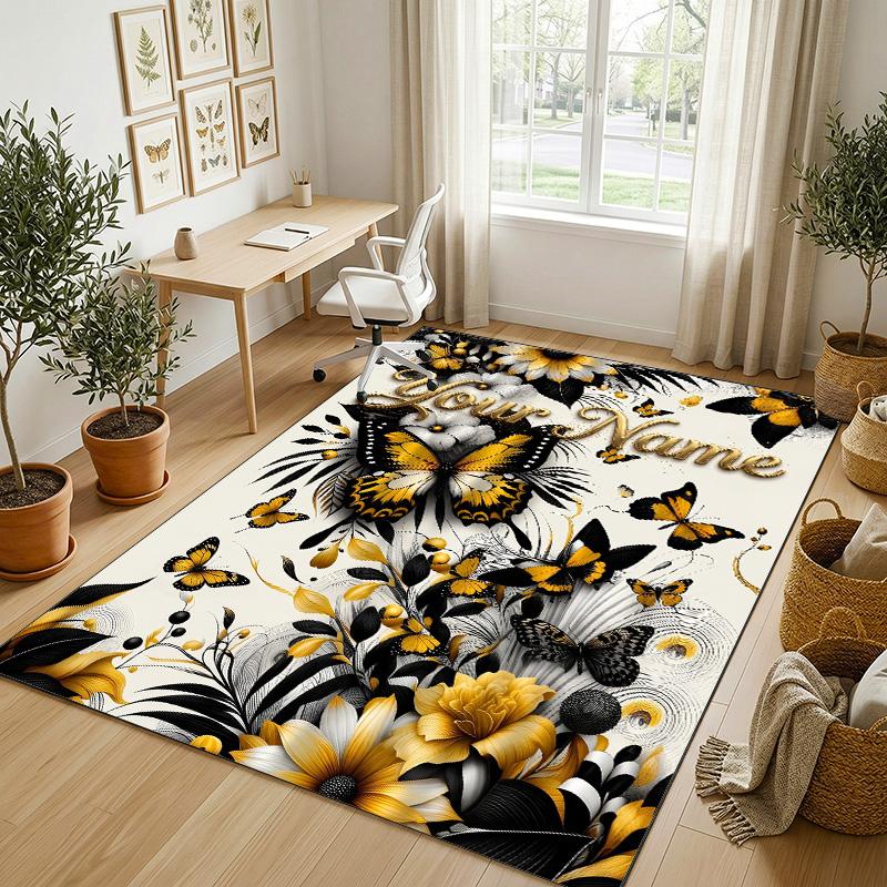 Butterfly Theme Crystal Velvet Rug Personalized Custom Name Text Soft Floor Mat Home Decor