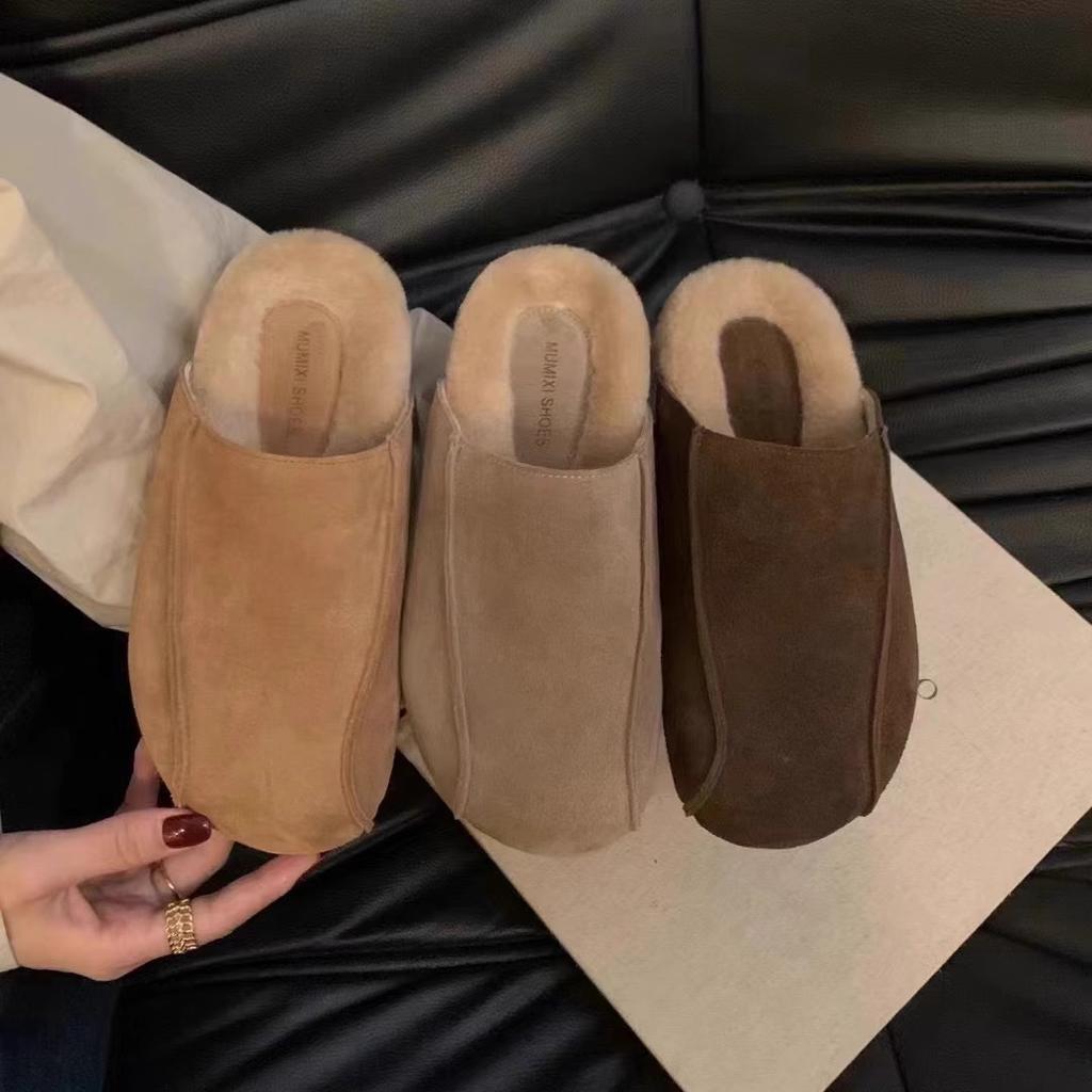 Leather Boken shoes for women's 2025 new autumn and winter velvet thick soles, one pedal, lazy bag head and half drag, wearing retro women