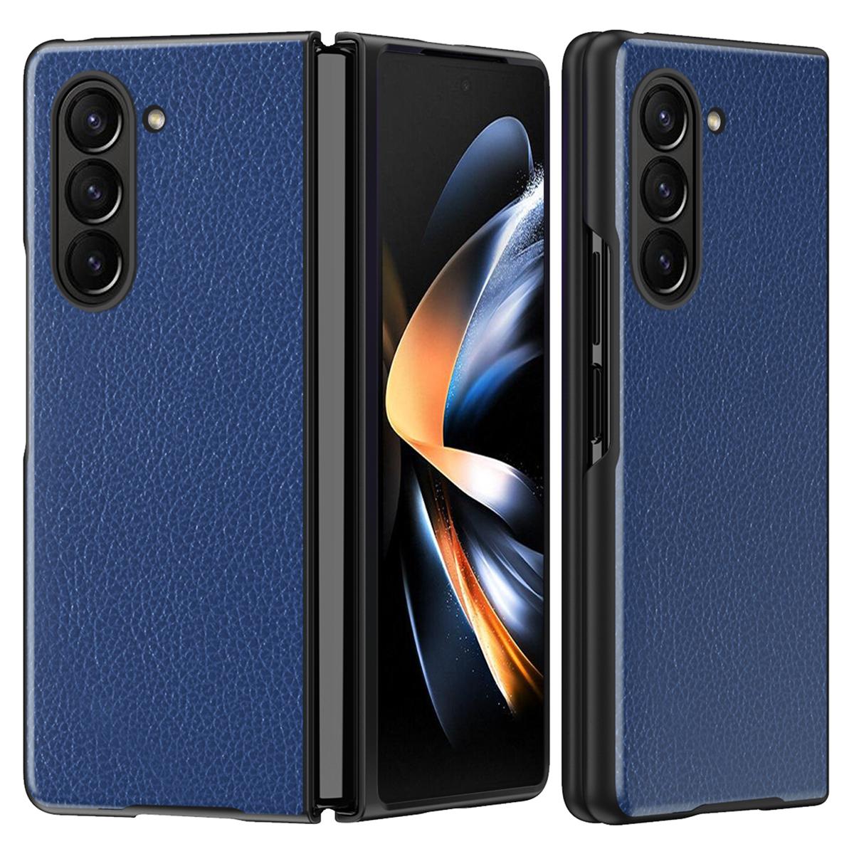

For Samsung Galaxy Z Fold6 5G Case Litchi Texture PU Leather Coated PC Phone Cover Blue