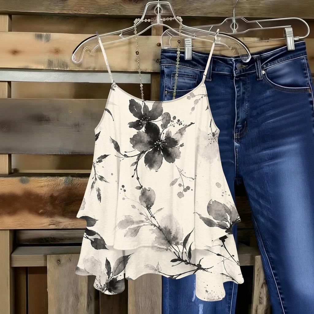 Women Strapless Floral Print Sleeveless Double Layer Camisole Top Lightweight Summer Casual Tank Blouse