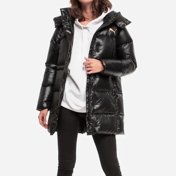 Puma Metallic Gold Logo Hooded Down Jacket Women Outerwear Black 585409-01