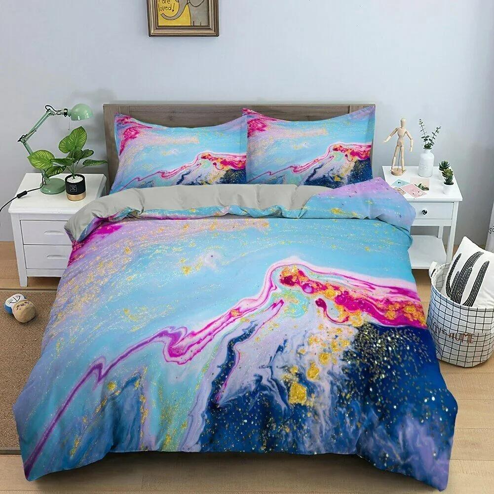 3D Modern Pastel Rainbow Marble Comfortable Duvet Quilt Cover Pillowcase Bedding Set Children Bedroom Decoration Home Textile