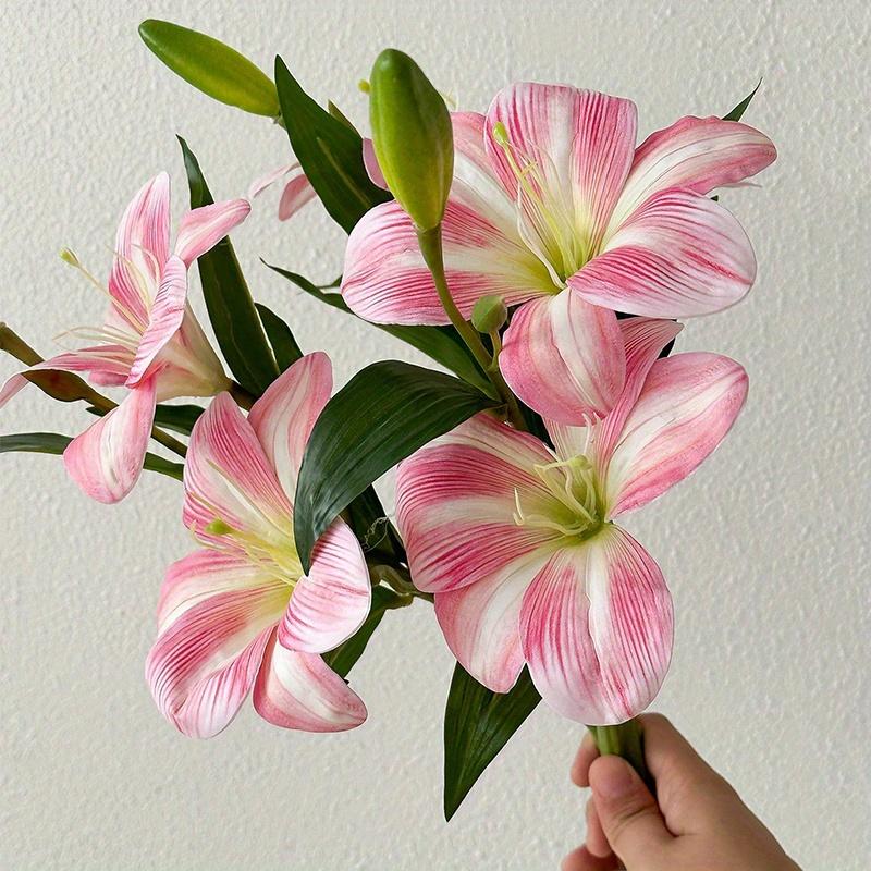 Lily Artificial Flowers Fake Real Touch Lilies 3 Heads Buds Faux Flora for Indoor Home Decor Outdoor Party Easter Lily Flower