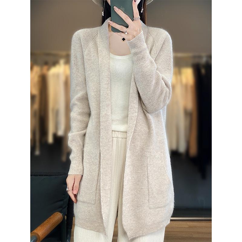 Women's Mid-Length Pure Wool Cardigan Coat - Autumn/Winter Casual Loose Fit with Lapel and Pockets