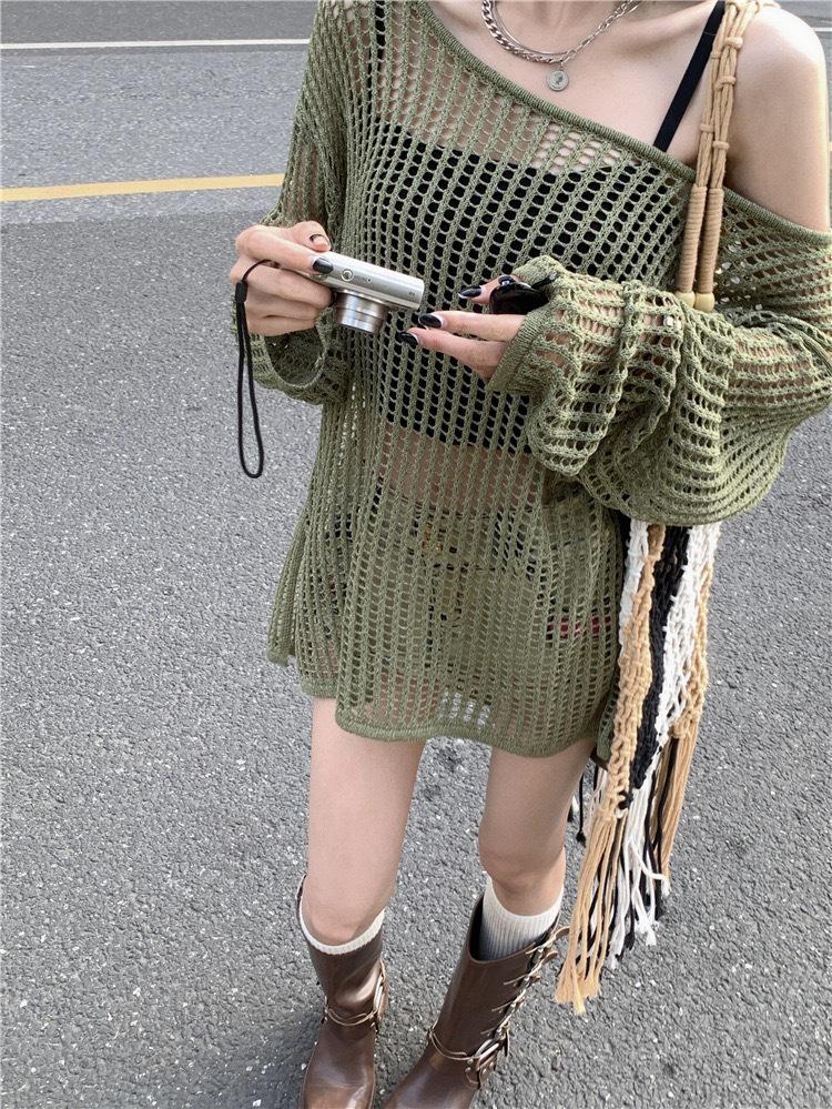 Women's Summer Hollow Mesh Knit Top - Loose Fit, Long Sleeve, Sun Protection