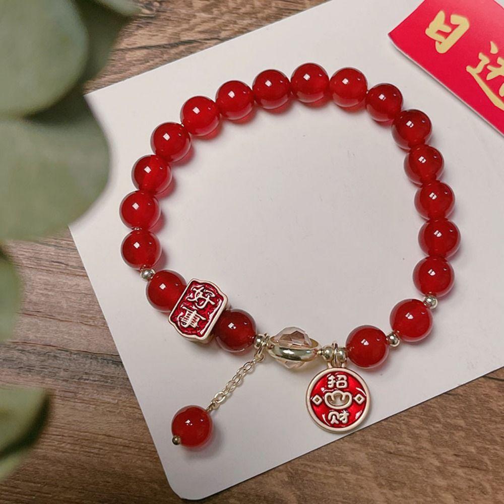 Glass Burst Bead Bracelet Lucky Cat New Snake Year Bracelet Lustrous Red Agate Bracelet  Gift