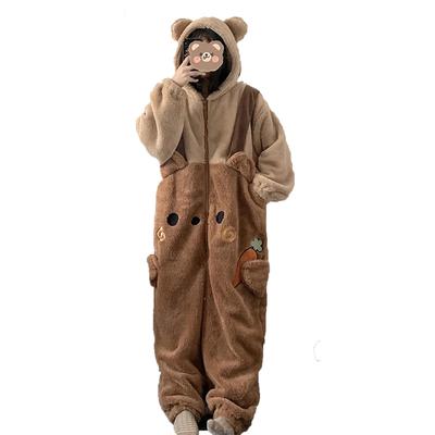 ZYOOFOV Dámské roztomilé medvídkové kigurumi pyžamo, podzim/zima, dlouhý rukáv, otevřené vpředu, nadýchané flanelové pyžamo, volný střih, silné, teplé