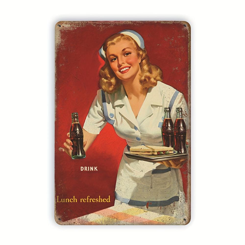 Vintage 1950s Style Metal Sign: "Drink - Lunch refreshed" Iron Artwork Decorative Wall Plaque for Restaurants, Cafes, Bars