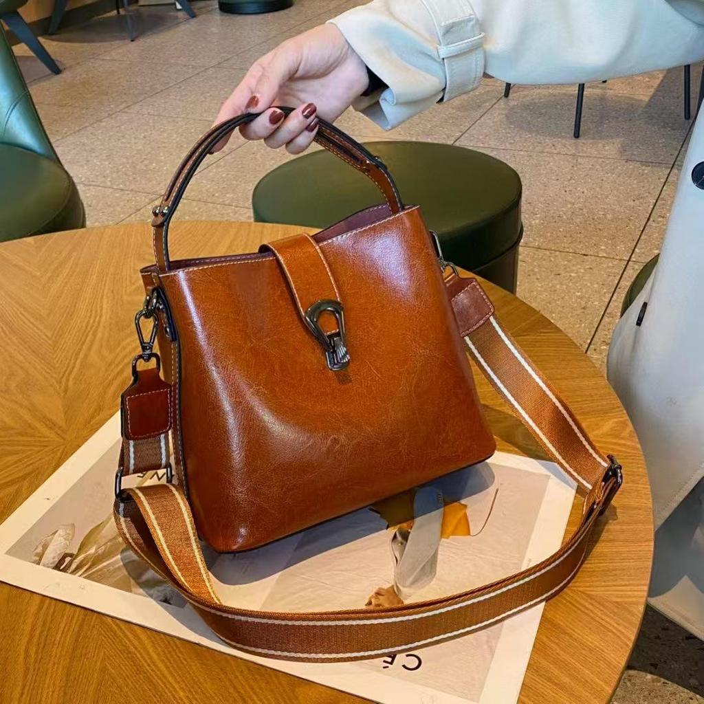 Korean Style Genuine Leather Double Strap Crossbody Bucket Bag