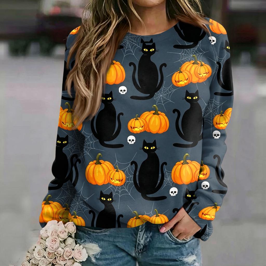 Women's Casual Neck Long Sleeve Raglan Halloween Print Sweatshirt