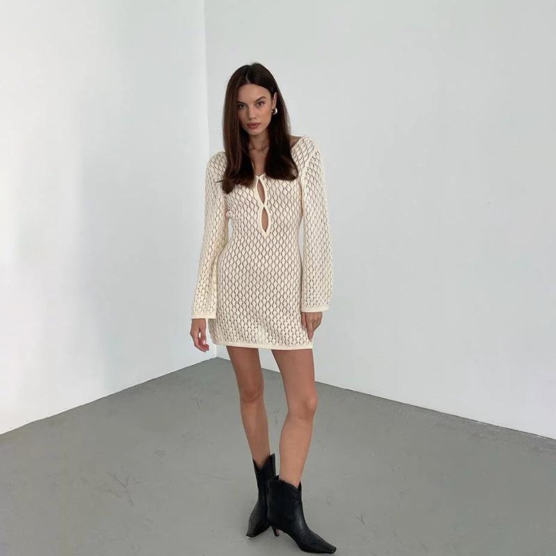 European & American Autumn/Winter Sexy Backless Knitted Long Dress Beach Cover-up
