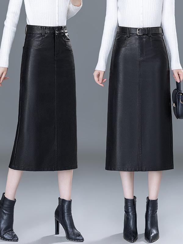 2025 Autumn/Winter Women's High-Waist A-Line Leather Skirt - Genuine Sheepskin Bodycon