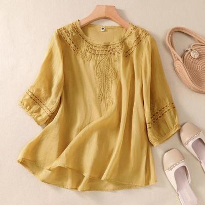 New Summer Women's Clothing Retro Cotton Linen Shirt Embroidered Round Neck Style Loose Thin Style