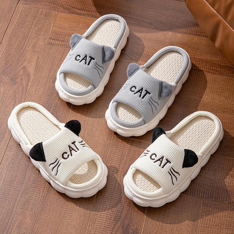 Mode Leinen Plateau Damen Hausschuhe Zuhause Frühling Sommer Katze Luxus Designer Frau Schuhe Ballerinas Niedlich Hanf Indoor Elegant Lässig Pantoletten