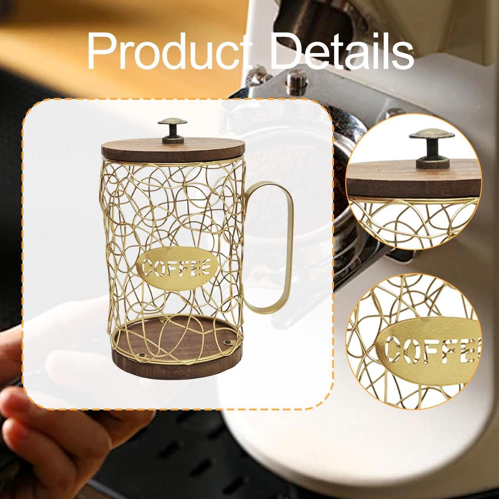 Coffee Capsule Holder Organizer with Wooden Base, Large Capacity, Iron Basket for