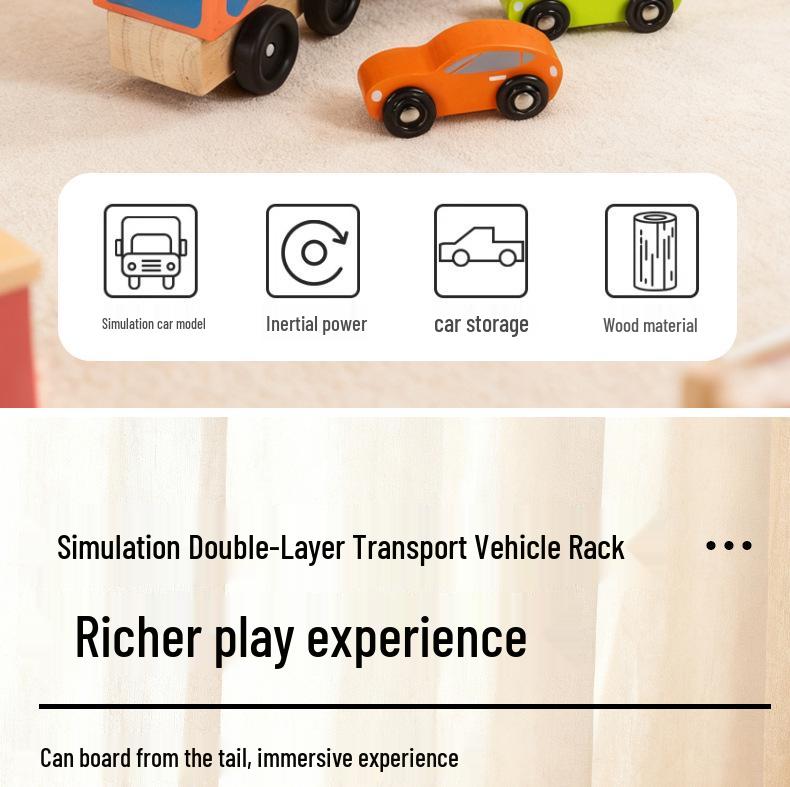 Children's Wooden Double-Layer Car Carrier & Transforming Tool Truck, Educational Toy