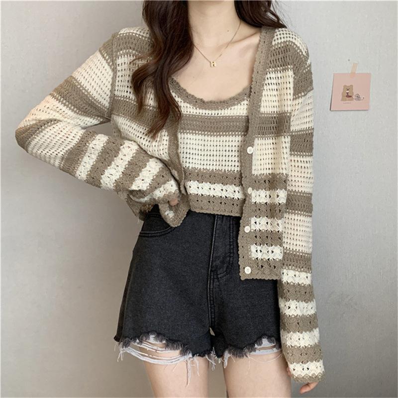 

Вязаный кардиган в полоску с подтяжками, костюм из двух предметов, женский универсальный свитер, пальто, свободный топ с круглым вырезом, костюм L хаки