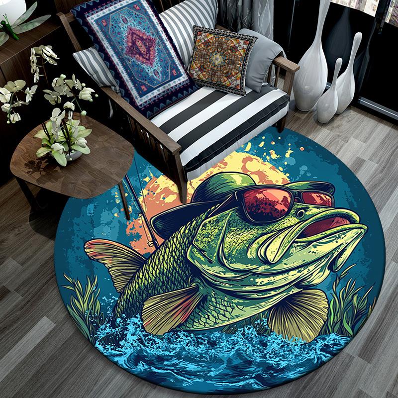 Bass Fish Round Area Rug,Carpet Rug for Living Room Bedroom Sofa Playroom Decor,Non-slip Floor Mat