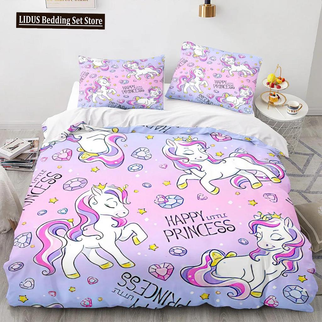 Cartoon Unicorn Duvet Cover King Queen Lovely White Mythical Animal Bedding Set Kids Girl Colorful Rainbow Polyester Quilt Cover