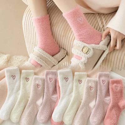 1 par de meias de lã de vison rosa supermacias para mulheres, meias de pelúcia coral grossas e quentes para inverno, meias térmicas de neve para dormir em casa, meias kawaii