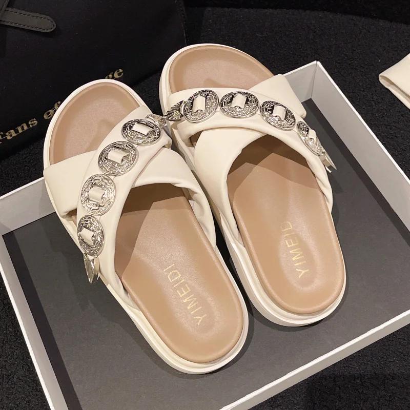 Women Solid Color Slippers Chain Platform Sandals  New Summer Ladies Flats Casual Home Slides Women Modern Slippers Shoes