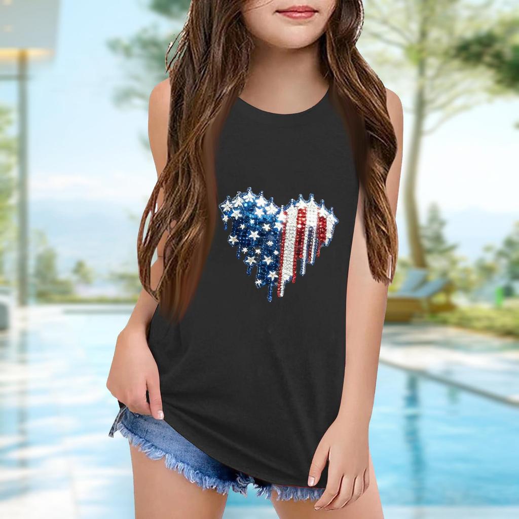 Girls  Kids Summer Crewneck Sleeveless Shirts Tank Tops Independence Day