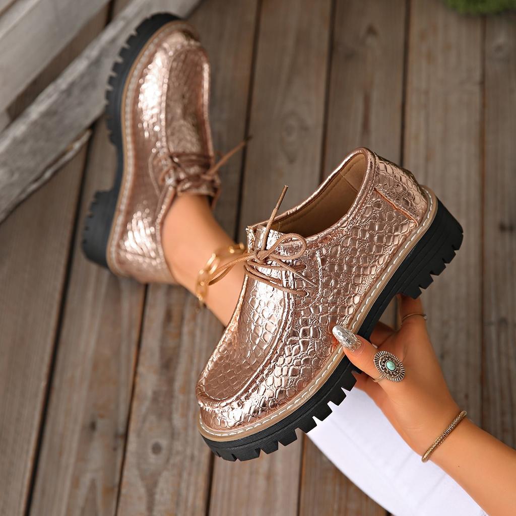 Women's Wide Width British Style Leather Shoes, Round Toe Lace-Up Oxfords, Classic Casual Loafers In Stock