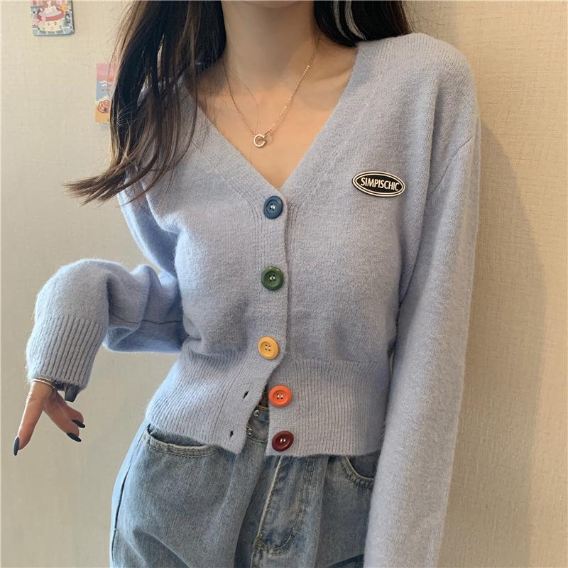 Women Sweater Cardigan Solid Korean V-neck Knitted Cardigan Lady Casual Slim Colorful Single Breasted Short Jumper Coats