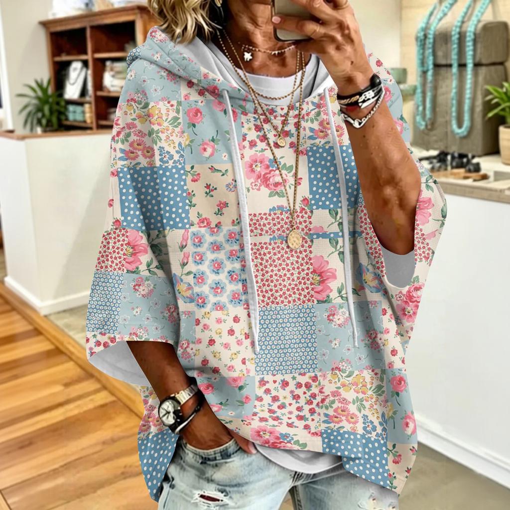 Women's Casual Loose Fit Floral Print Drawstring Hoodie Retro Sweatshirt for Everyday Wear