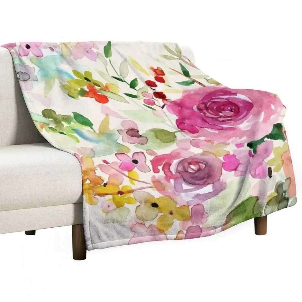 Romantic Watercolor Roses Throw Blanket Machine Washable Soft Warm Blanket