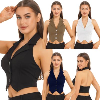 Damen-Blazer mit normaler Passform, ärmellos, Neckholder, V-Ausschnitt, Knopfleiste vorne, Blazer, Anzugweste