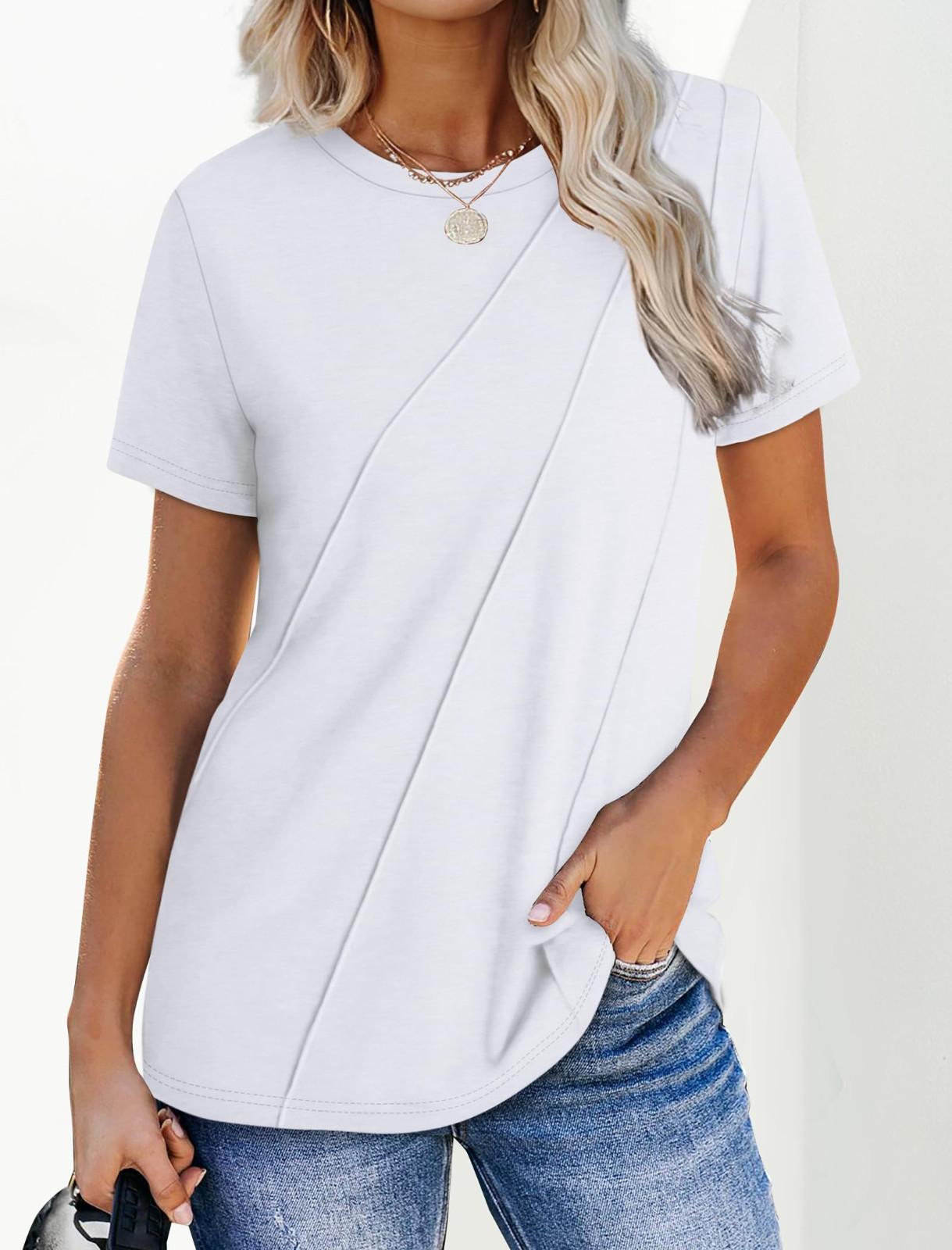 

Женская мода повседневная с коротким рукавом однотонные топы плиссированная модная одежда футболка XL белый