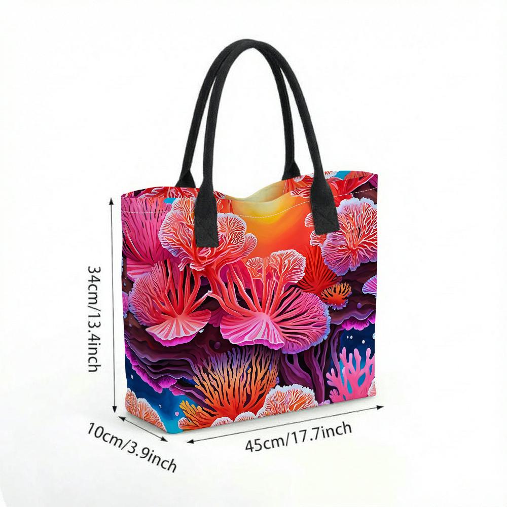  Colorful Coral Print Tote Bag Large Capacity Stylish Casual Daily Shoulder Handbag