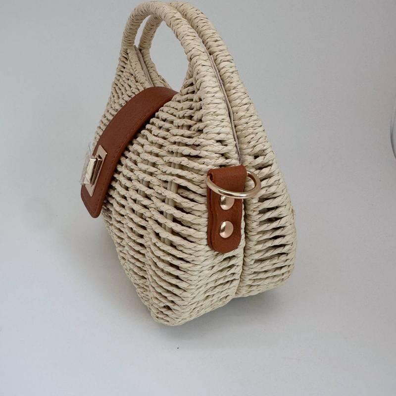 Single-shoulder Bag Fashionable Frame Knitted Hand Paper Rope Simple Curved Leather Buckle Handle Small Round Female