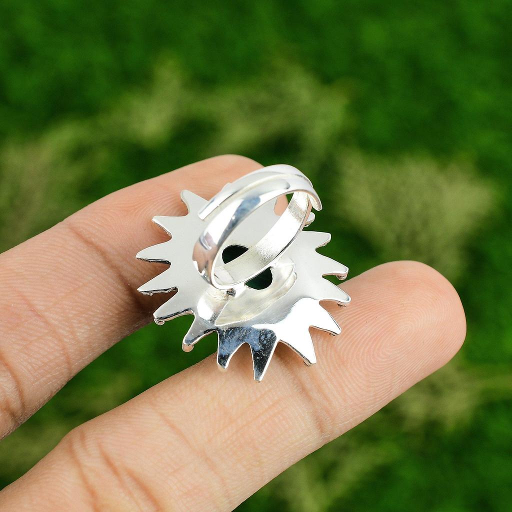 Sterling Silver Russian Malachite Stone Daughter Statement Flower Ring Jewelry