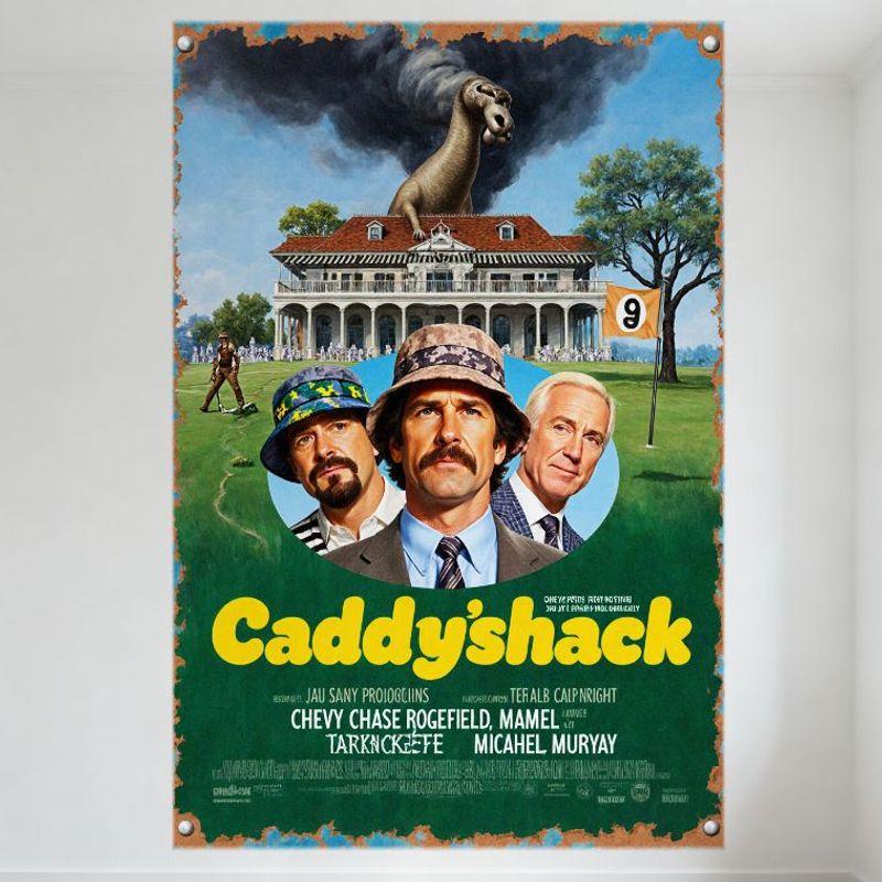 Vintage Caddyshack Movie Poster Metal Tin Sign - Retro Dinosaur House Golfer 9 Flag Home Decor for Bar Man Cave Club Restaurant 20x30cm（7.8x11.8inch）