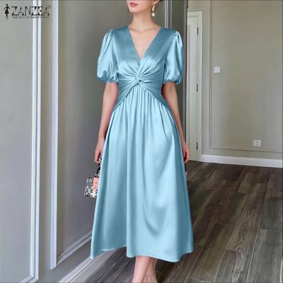 Vestido casual de verano de manga corta con cuello en V para mujer