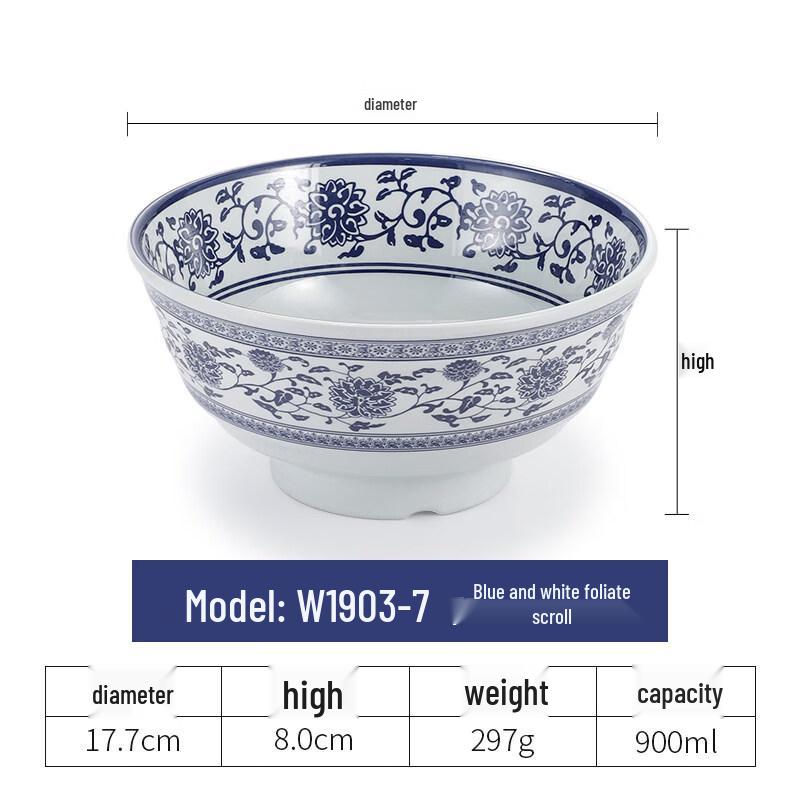 Melamine Blue and White Ramen Bowl