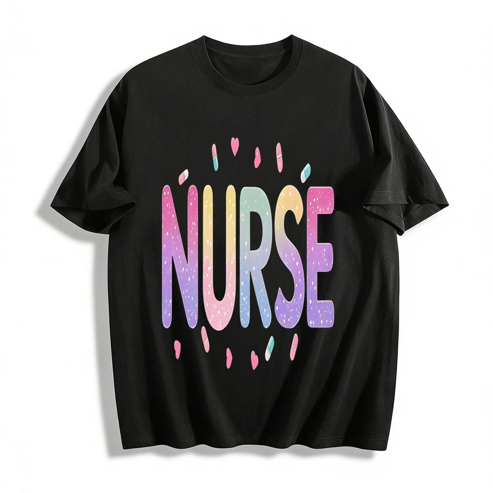 Gradient Love Heart Pill Nurse Themed Print Casual Top Pure cotton T-shirt XXS