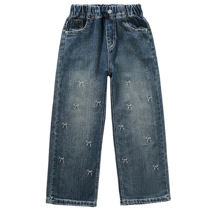 Girls Bow Jeans Pants Spring Kids Elastic Straight Denim Pants Autumn Teen Bowknot Print Wide-leg Trousers Fashion Elastic Pants