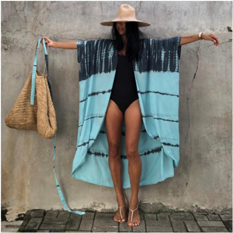Bikini Cover Up Damen Batikmuster Strand Kimono Badeanzug Cape Sommer Wickelkleid mit Gürtel Urlaubsbadeanzug