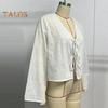 Damen-Shirt mit V-Ausschnitt, langen Ärmeln, lockere Passform, einfarbig, Sommer-Shirt mit Schnürung und Schleife, Strickjacke, Oberteil mit Bindeverschluss