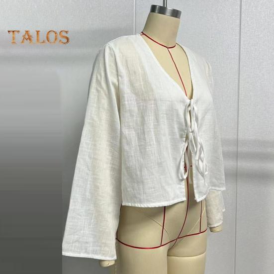 Damen-Shirt mit V-Ausschnitt, langen Ärmeln, lockere Passform, einfarbig, Sommer-Shirt mit Schnürung und Schleife, Strickjacke, Oberteil mit Bindeverschluss